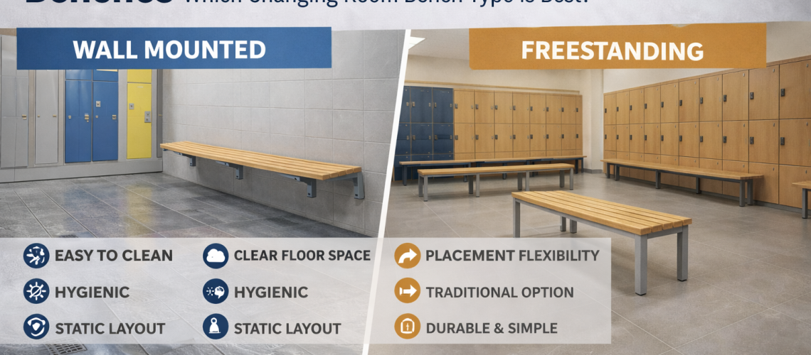 Comparison of wall mounted and freestanding bench seating in a UK changing room with lockers