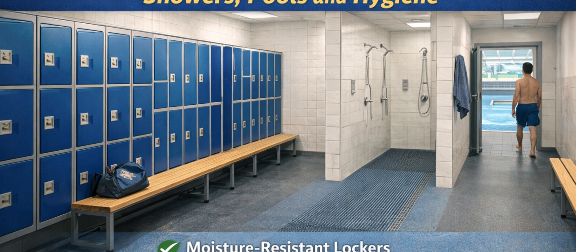 Wet area changing room with plastic lockers, drainage flooring and bench seating near showers