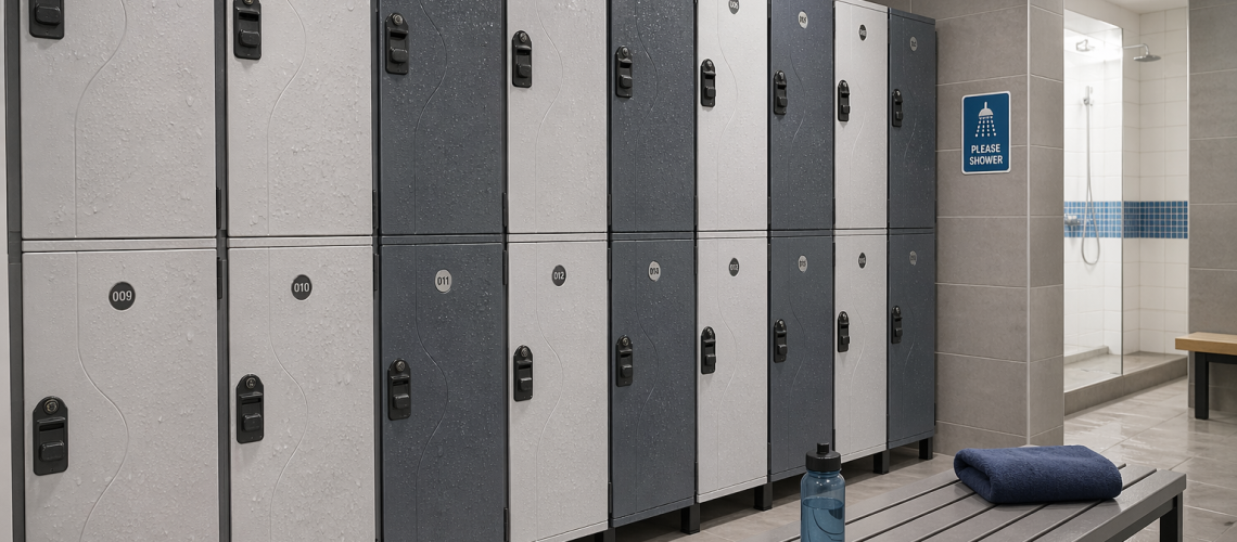 Wet area lockers in a UK changing room with moisture-resistant doors and secure lock options