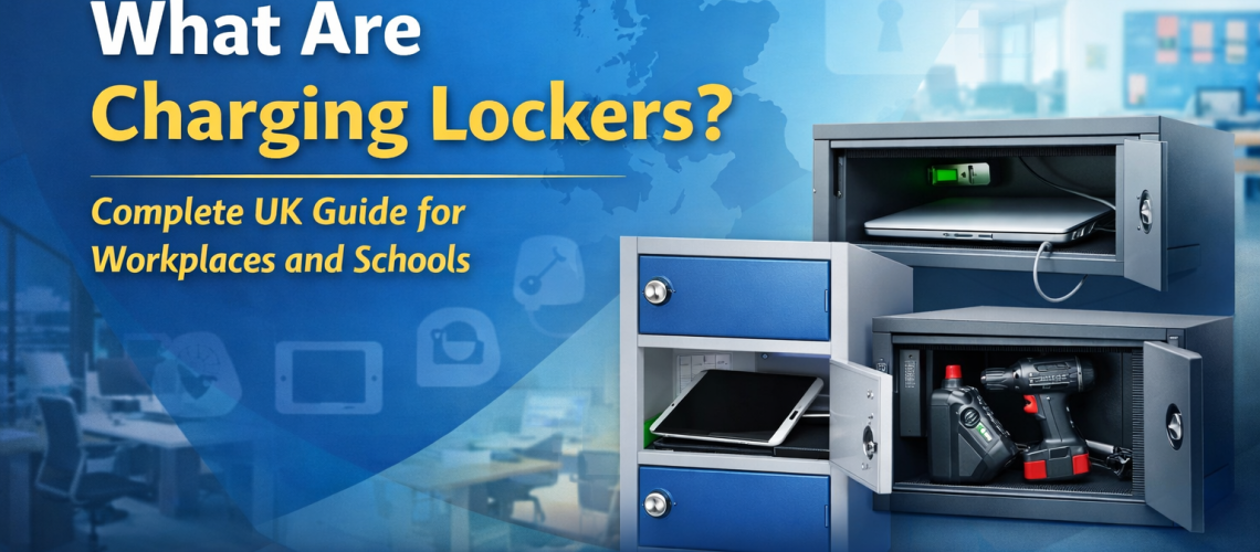 Charging lockers for laptops, tablets and power tools in a secure UK workplace storage area