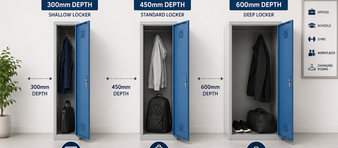 Comparison of 300mm, 450mm and 600mm locker depths showing shallow, standard and deep lockers for UK workplace and changing room storage