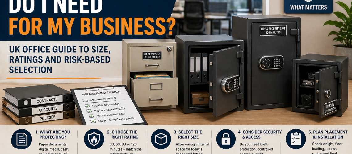 Fire safe selection guide showing different safe sizes, fire ratings (30–120 minutes), and business storage needs including documents, data media, and valuables in an office setting.
