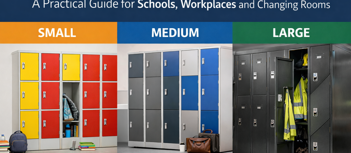 Locker size comparison showing small, medium and large lockers for schools, workplaces and changing rooms