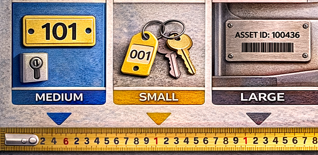 Different sizes of engraved tags for lockers, key fobs and equipment shown side by side for comparison