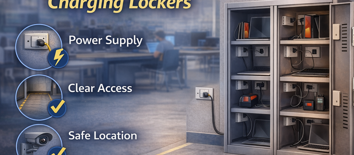 Charging lockers with different lock types including key locks, code locks and digital keypad access in a workplace or school setting