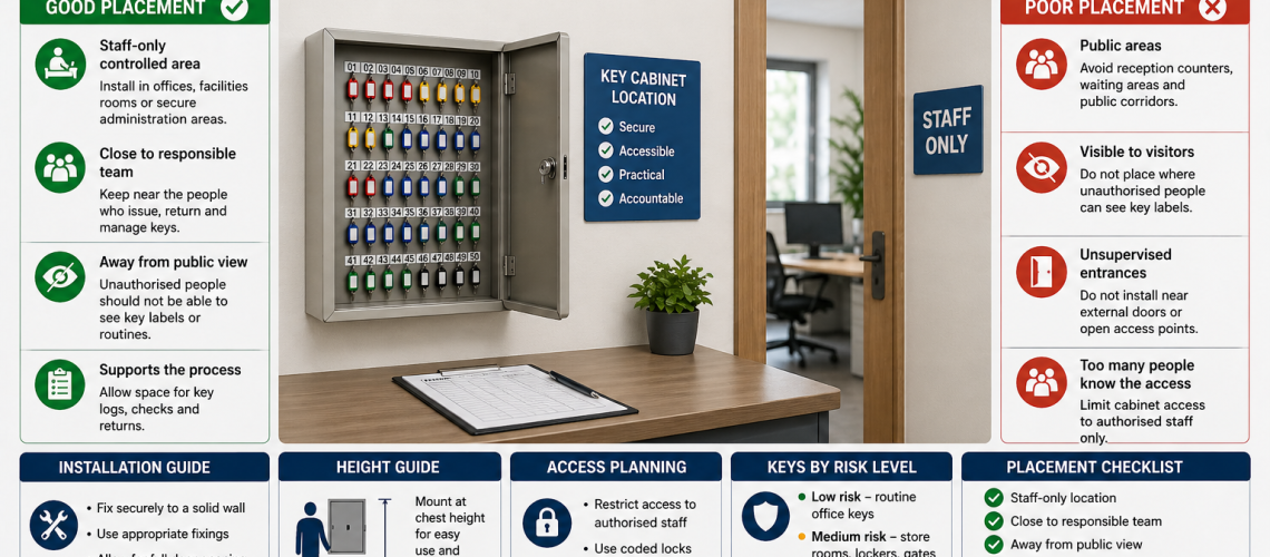 Key cabinet installed in a secure staff-only office showing wall-mounted cabinet with organised keys, controlled access and clear placement for workplace key management