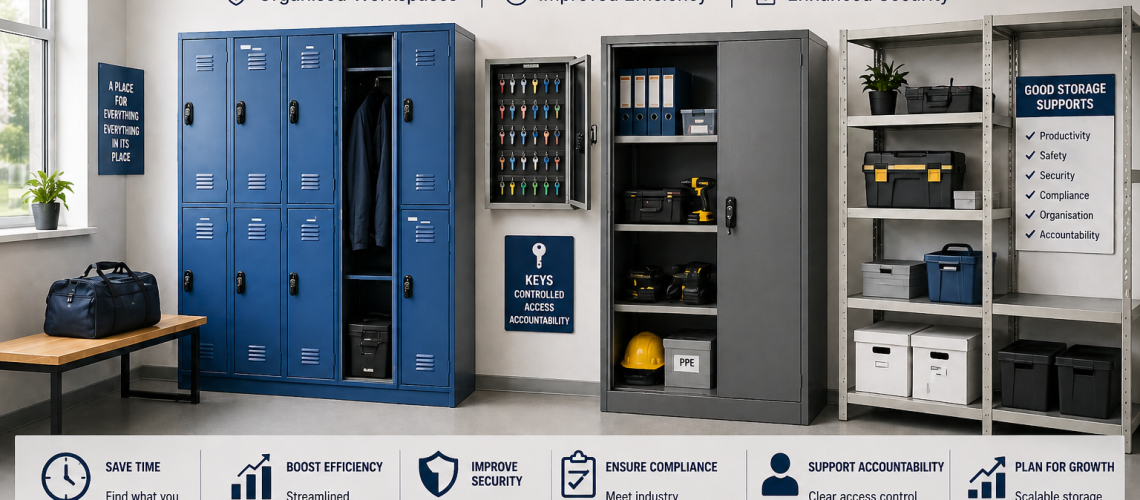 A well-organised workplace showing lockers, a key cabinet and a secure cabinet, demonstrating efficient and secure storage in one environment.