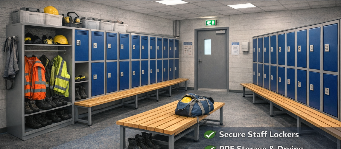 Workplace changing room with lockers, bench seating and PPE storage for staff use