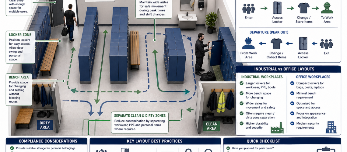 Workplace locker layout showing staff flow, locker rows and clear circulation routes for shift change planning in UK facility