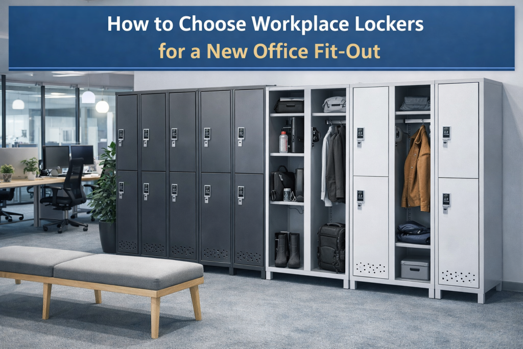 Office fit-out lockers in a modern workplace with staff storage, clean layout and integrated locker design near shared work areas