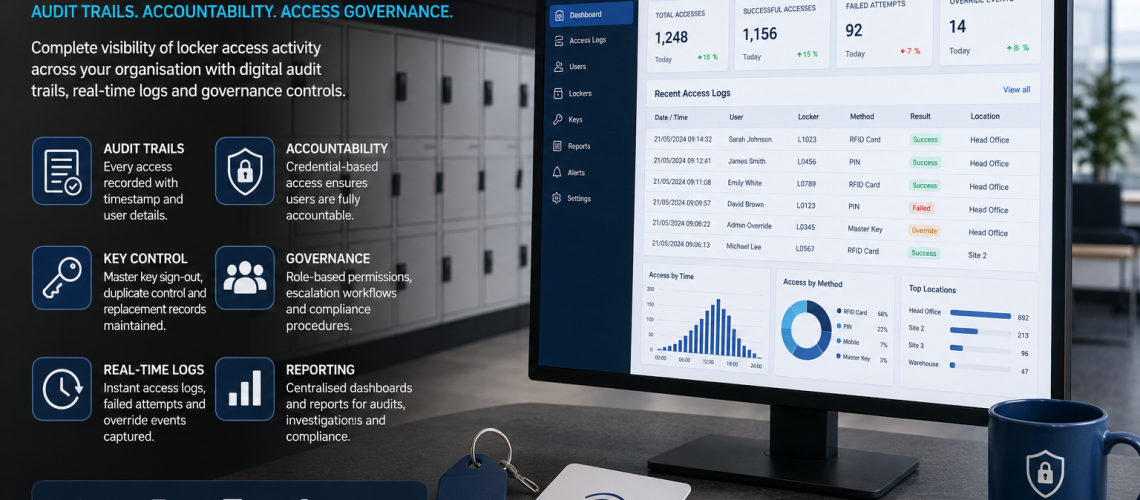 Digital locker access audit system showing RFID credential logs, locker access records and governance monitoring in a UK workplace environment