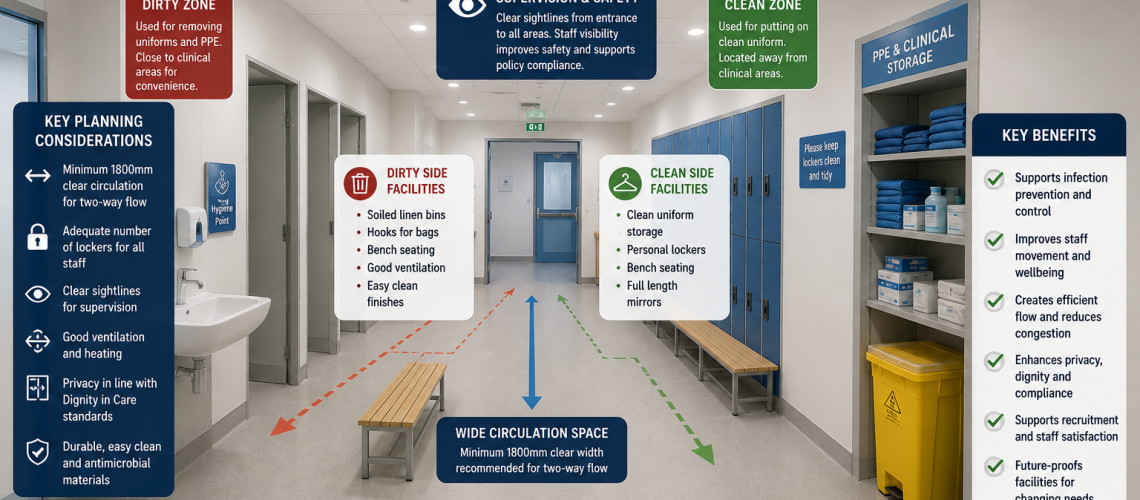NHS healthcare changing room planning layout with staff lockers, PPE storage, clean and dirty zones, circulation routes and supervised clinical changing areas in the UK