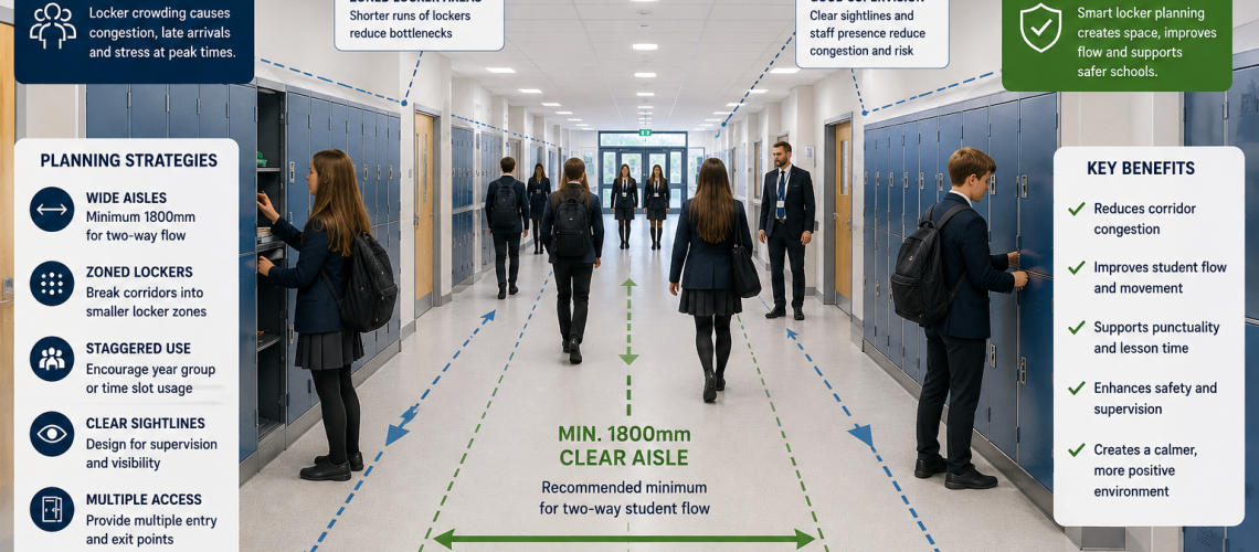 Anti-congestion locker planning layout in a UK school corridor with organised locker zones, wide circulation aisles, student flow guidance and supervision sightlines