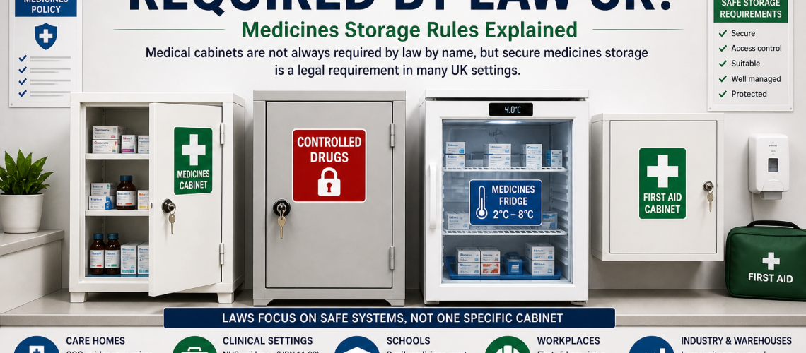 UK medicines storage rules comparison showing when medical cabinets controlled drug cupboards and fridges are required
