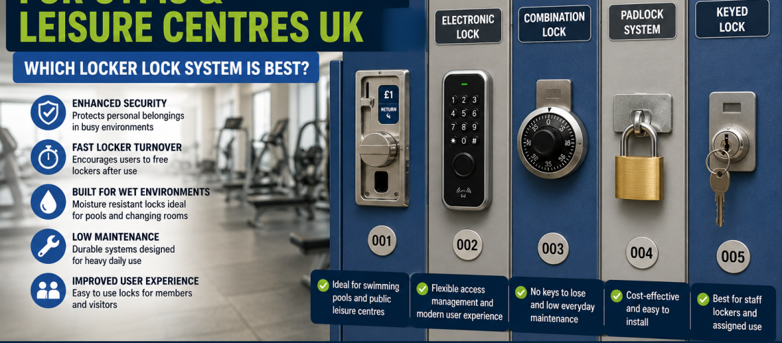 Gym and leisure centre lockers fitted with electronic, coin-operated and combination locker locks in a UK changing room