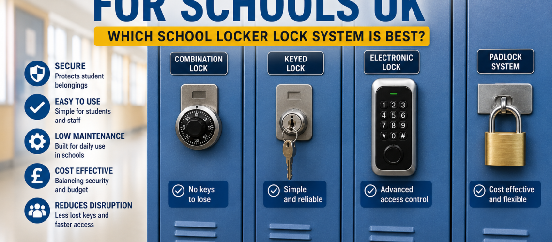 School lockers fitted with combination, keyed and electronic locker locks in a UK secondary school corridor