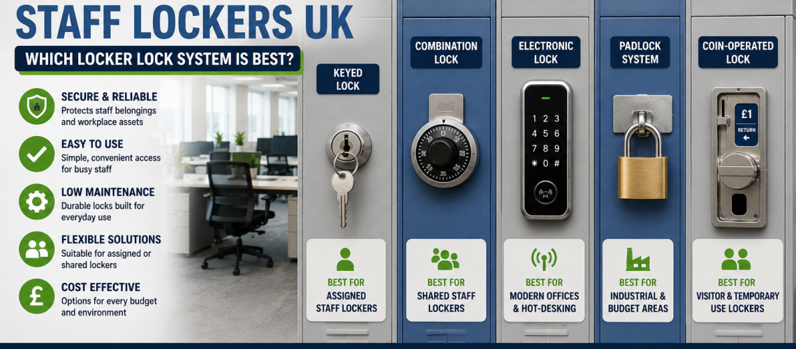 Workplace and staff lockers fitted with keyed, combination and electronic locker locks in a UK office and changing room environment
