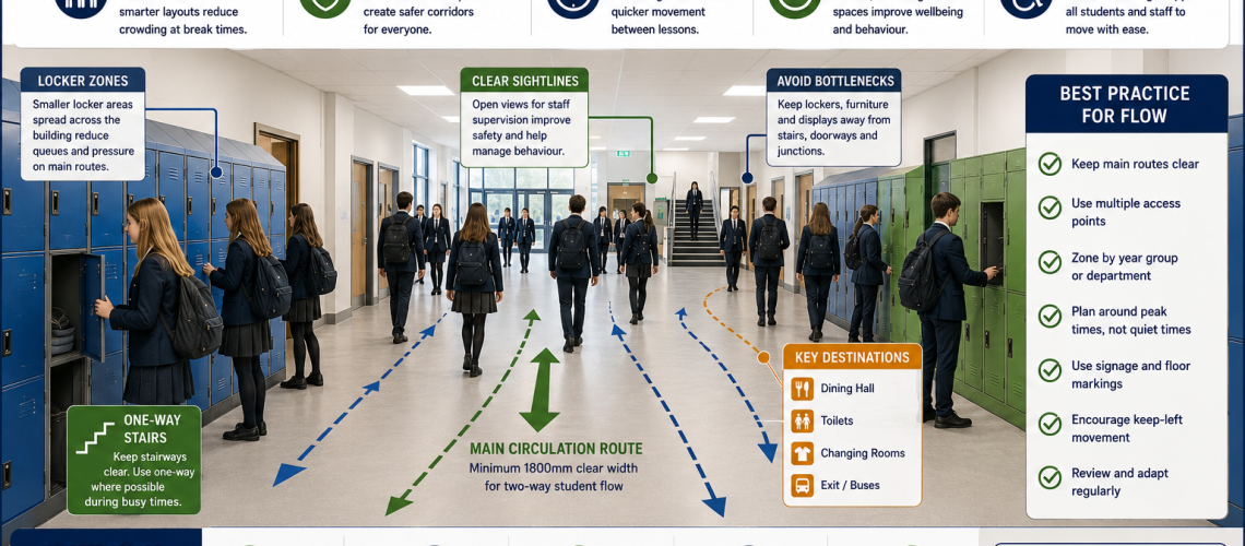 Break-time flow management layout in a UK school corridor with locker zones, organised student circulation routes, supervision sightlines and anti-congestion planning