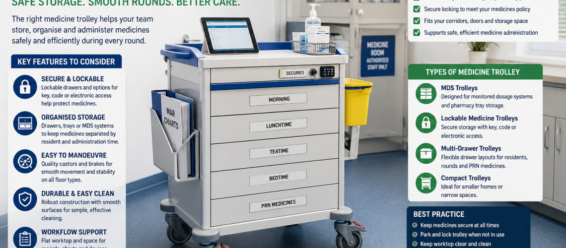 Medicine trolley in UK care home with lockable drawers, organised medicine storage and space for safe medicine rounds