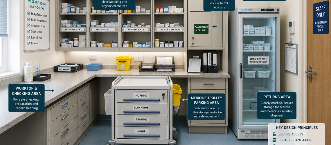 Care home medicine room design with secure cabinets, medicine trolley space, fridge storage and organised layout for safe medication management