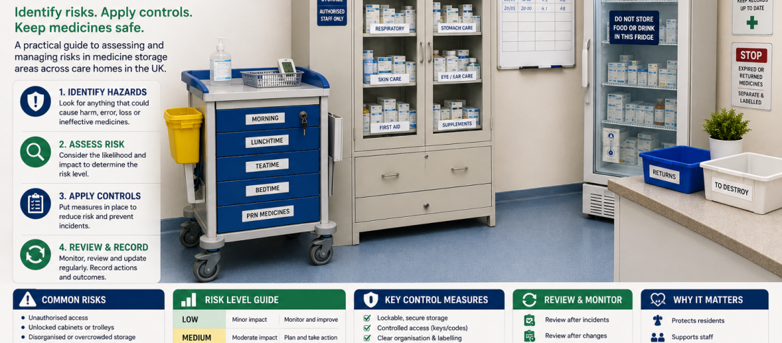 Care home medicine storage risk assessment showing cabinets, trolley, fridge monitoring and secure medicine storage setup for safety and compliance
