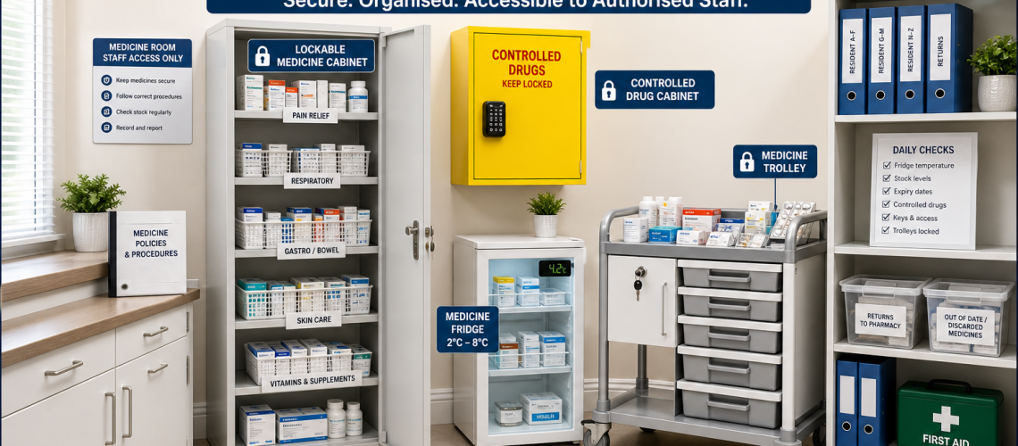 Care home medicine storage room UK with lockable cabinets trolley controlled drug cupboard and organised medicines