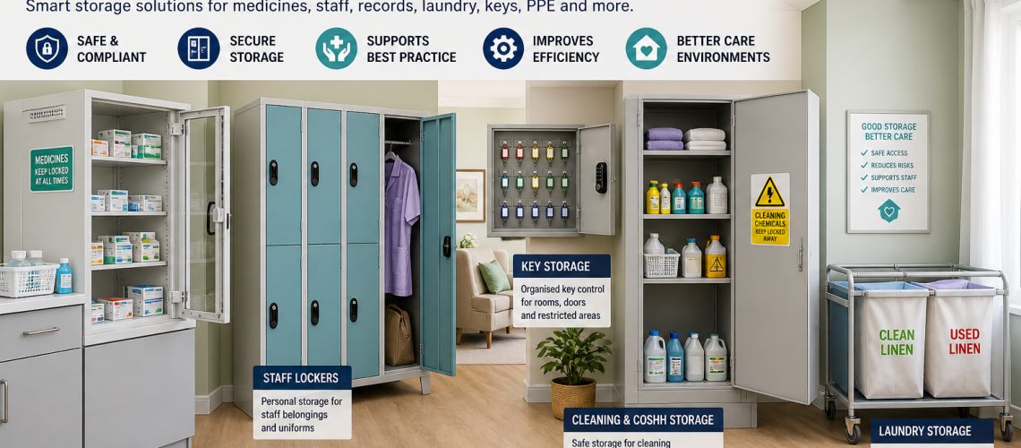 Care home storage systems UK showing medicine cabinets, staff lockers and secure storage in a healthcare environment