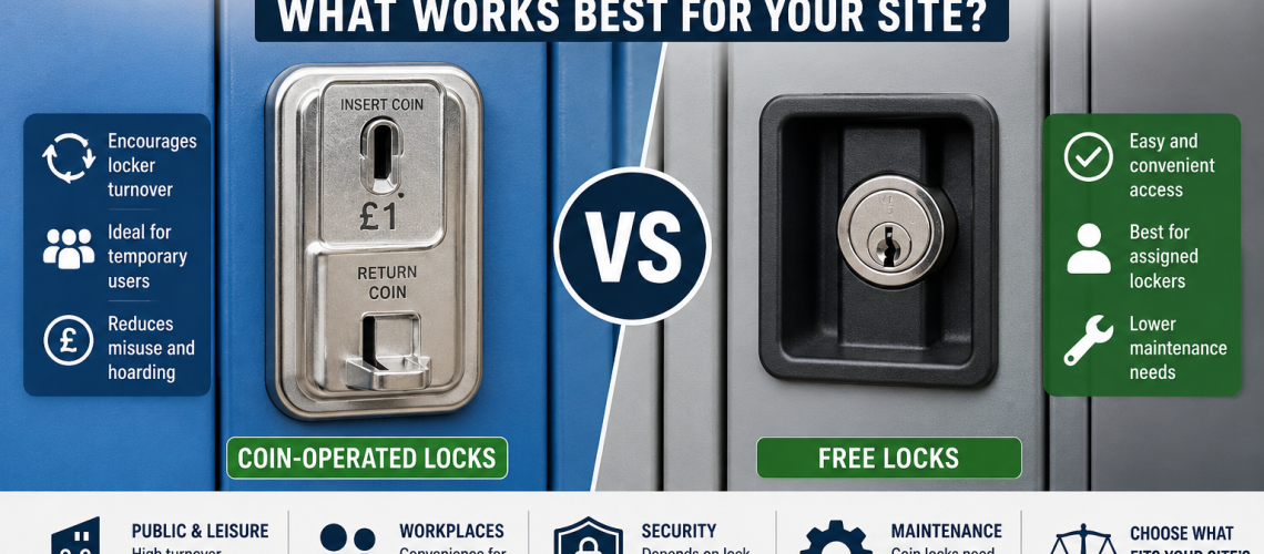 Coin-operated locker lock beside free locker lock on metal lockers in a UK gym and workplace comparison guide