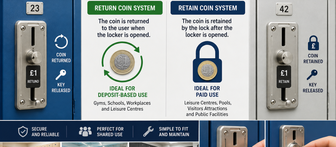 Coin operated locker lock showing return and retain coin mechanism on changing room lockers UK