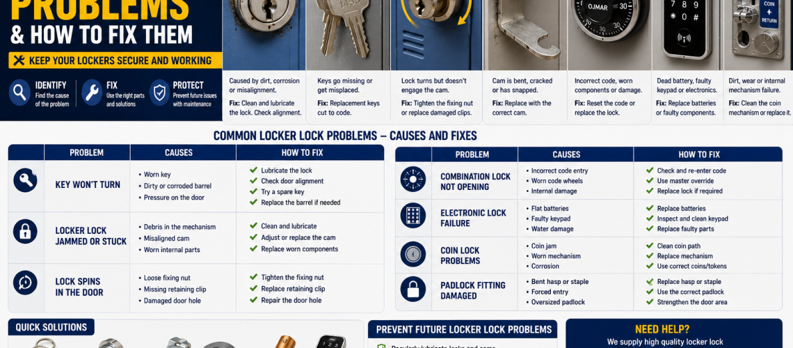Common locker lock problems including jammed locker locks, damaged cams, replacement keys and electronic locker lock repairs in UK lockers