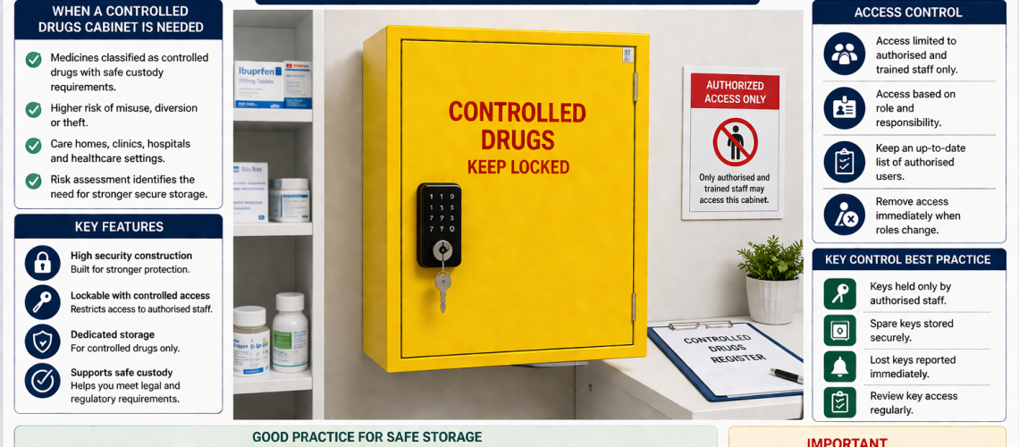 Controlled drugs cabinet UK lockable secure storage with restricted access and key control in healthcare setting