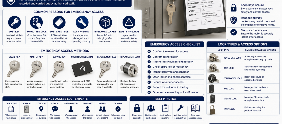 Emergency locker access system with master keys, locker locks and authorised locker access management for replacement locker keys and controlled access in the UK