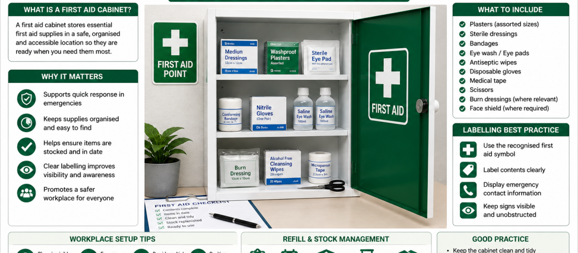 First aid cabinet UK wall mounted with organised supplies clear labelling and accessible workplace storage
