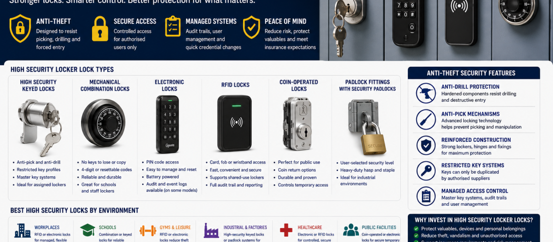 High security locker locks including RFID, electronic and reinforced anti-theft locker lock systems for workplaces, schools, gyms and commercial facilities in the UK.