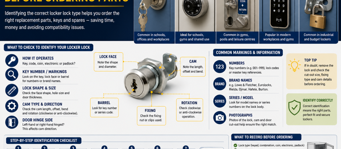 Different locker lock types including keyed, combination, coin-operated and electronic locker locks with locker parts identification for UK lockers
