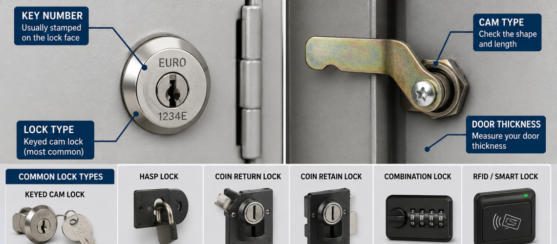 Close-up of a UK locker lock showing key number, cam lock mechanism and locker key identification for replacement locker keys and compatible locker locks
