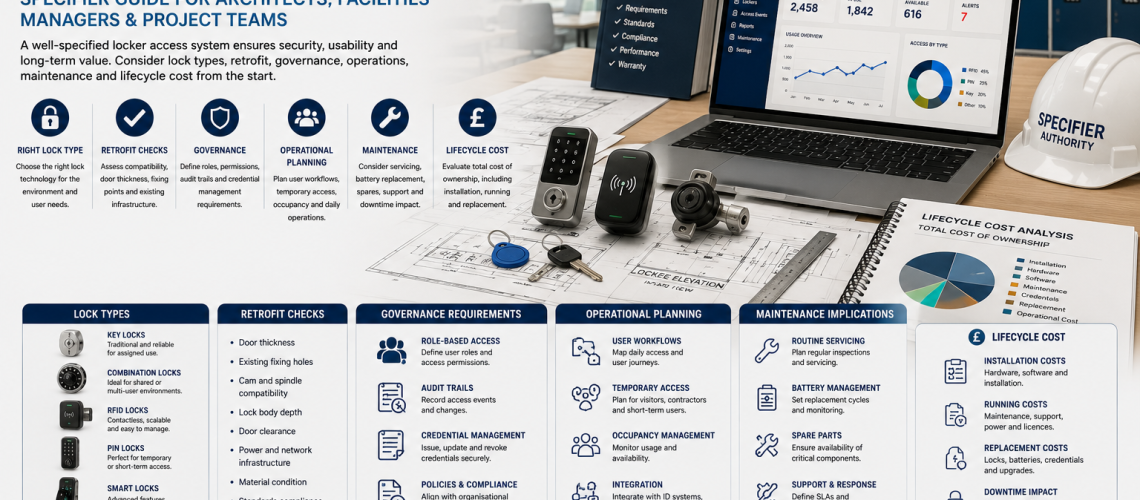 Locker access system specification planning with architectural drawings, lock samples, RFID access systems and facilities lifecycle management documents in a UK commercial project environment