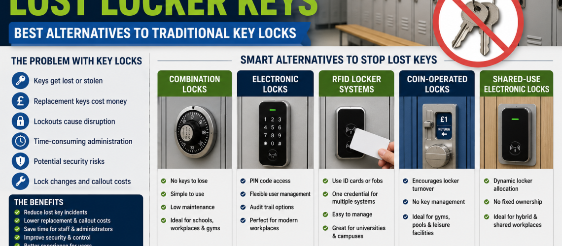 Keyless locker systems including combination, electronic and RFID locker locks replacing traditional locker keys in a UK workplace and school environment