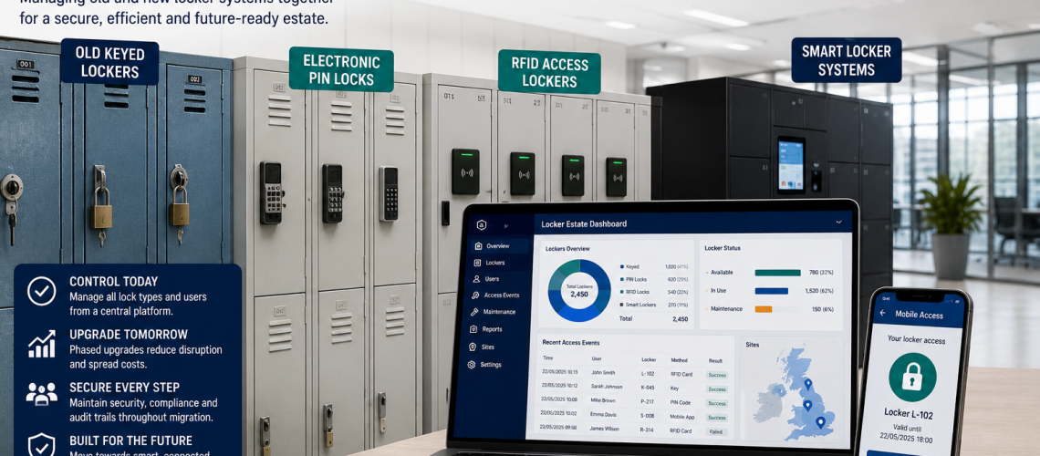 Hybrid locker estate showing old keyed lockers, RFID access locks and smart locker management dashboard during phased retrofit planning in a UK workplace