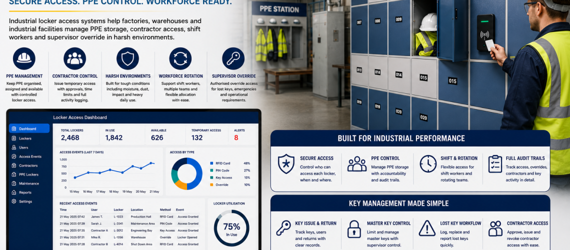 Industrial locker access system with PPE lockers, contractor access control, RFID staff credentials and supervisor management dashboard in a UK factory environment