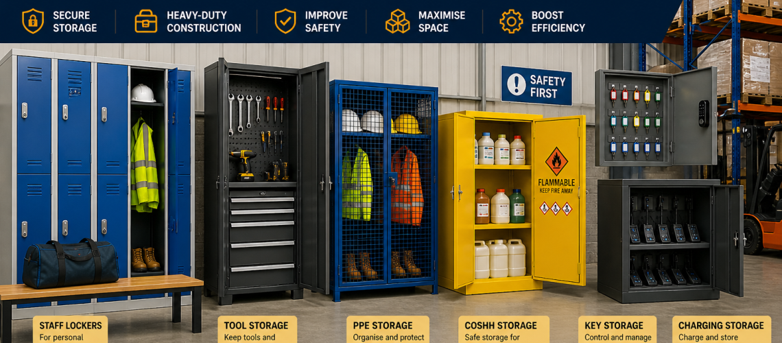 Industrial storage systems UK showing lockers, tool cabinets and PPE storage in warehouse and factory environments