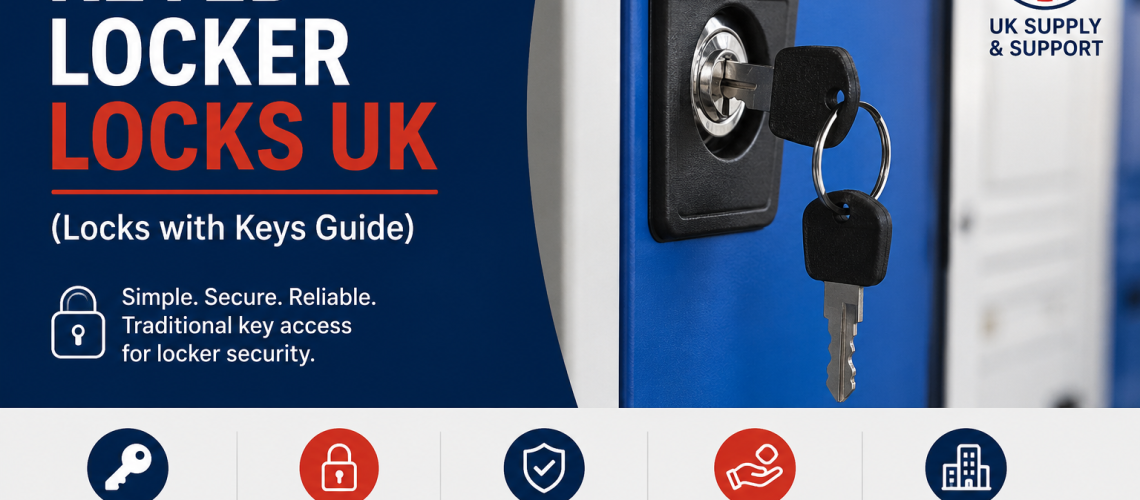 Keyed locker lock fitted to metal locker door with key inserted showing lock with keys system UK