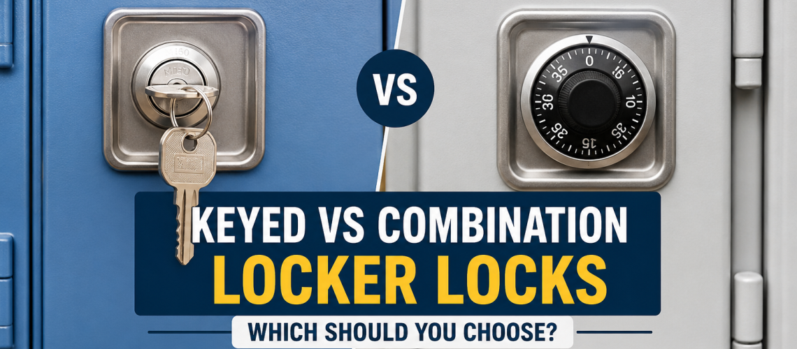 Keyed locker lock and mechanical combination locker lock fitted to metal lockers in a UK changing room comparison guide