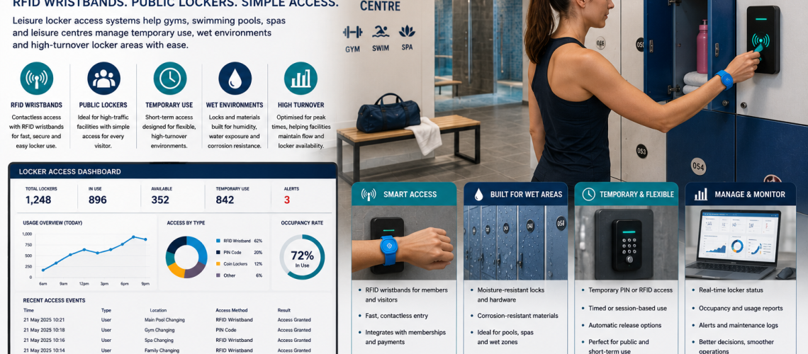 Leisure locker access system with RFID wristband entry, public changing room lockers, wet-area smart locks and occupancy management dashboard in a modern UK leisure centre