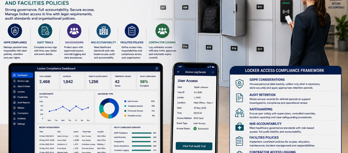 Locker access compliance dashboard showing GDPR audit logs, RFID credential management, contractor access records and facilities governance controls in a UK workplace