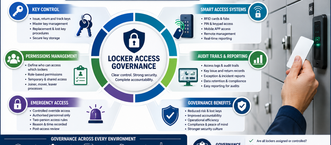 Locker access governance infographic showing key control, permissions management, audit trails and smart locker access systems in a UK workplace.