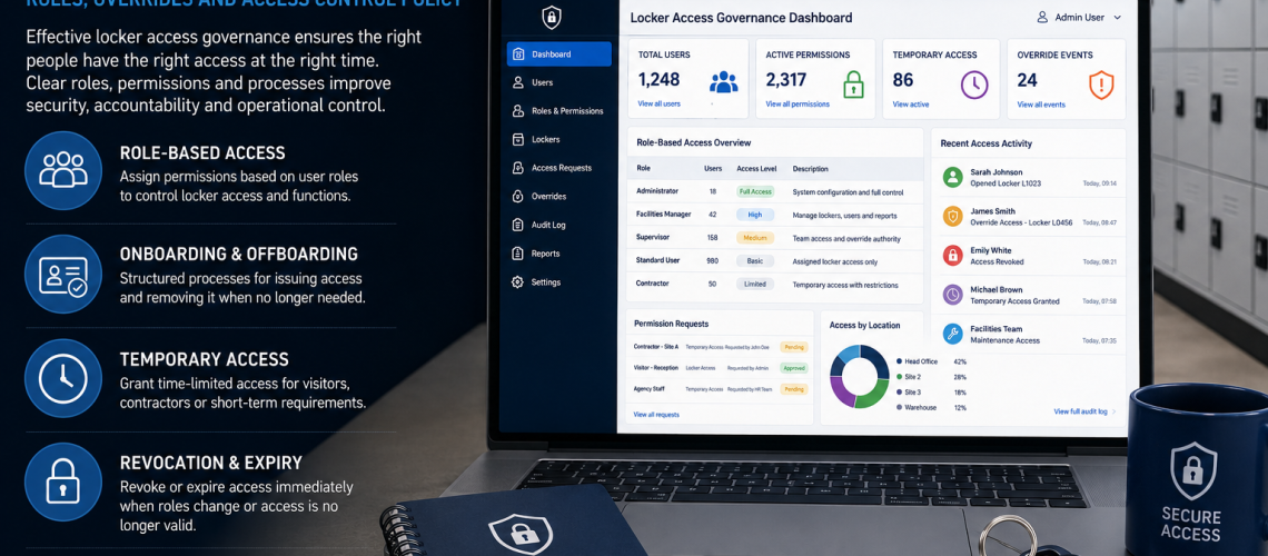 Locker access permissions and governance system showing role-based access controls, supervisor overrides and digital locker credential management in a UK workplace