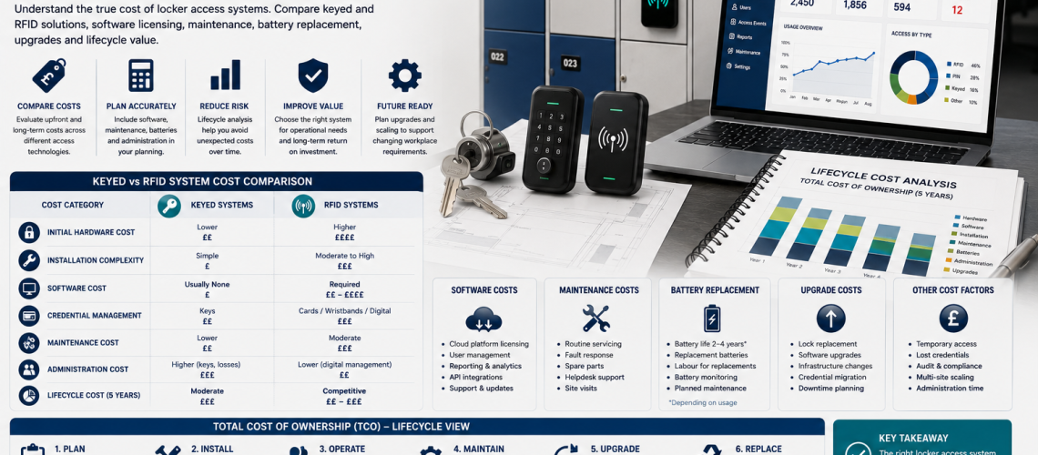Locker access system cost comparison showing keyed locks, RFID locker systems, software dashboards, lifecycle analysis charts and maintenance planning in a UK commercial environment