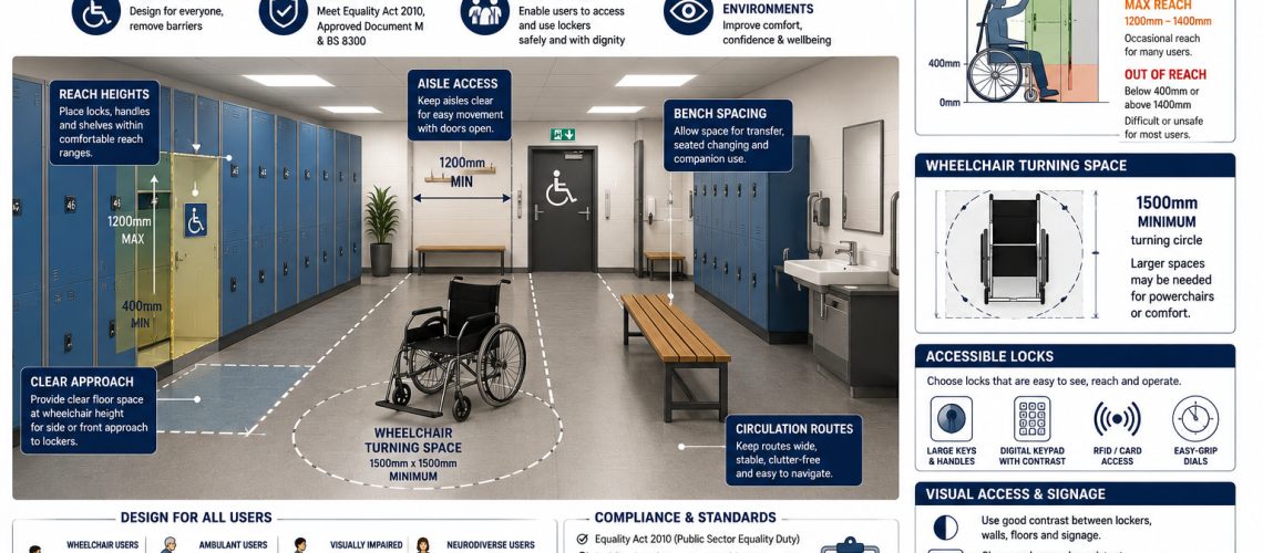 Accessible locker layout UK showing wheelchair turning space, reach height zones, bench spacing and clear aisle access