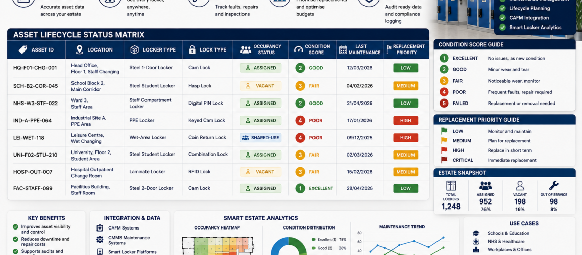 Locker asset lifecycle status matrix in a UK facilities management system showing asset IDs, locker locations, lock types, occupancy status, condition scores, maintenance history and replacement priority tracking across a multi-site locker estate.